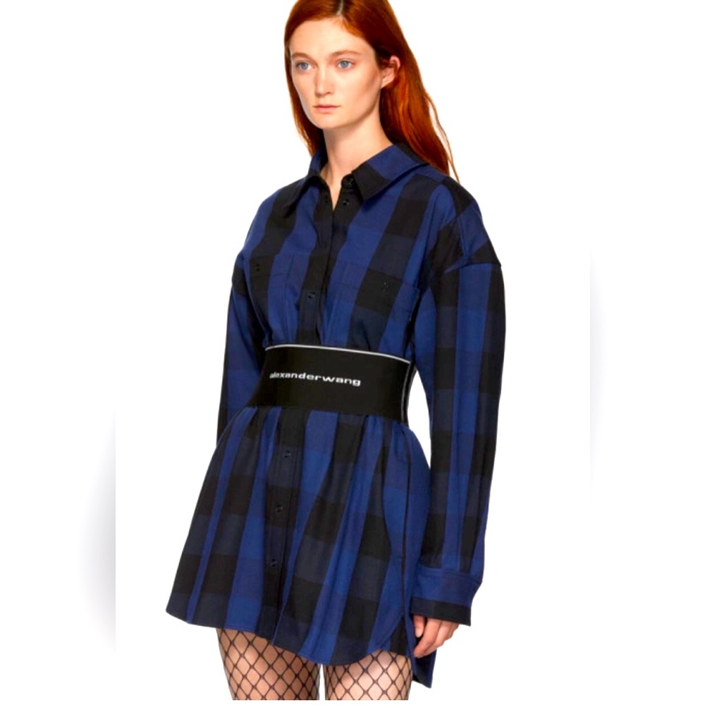 Alexander Wang Logo Elastic Belt Plaid Shirtdress